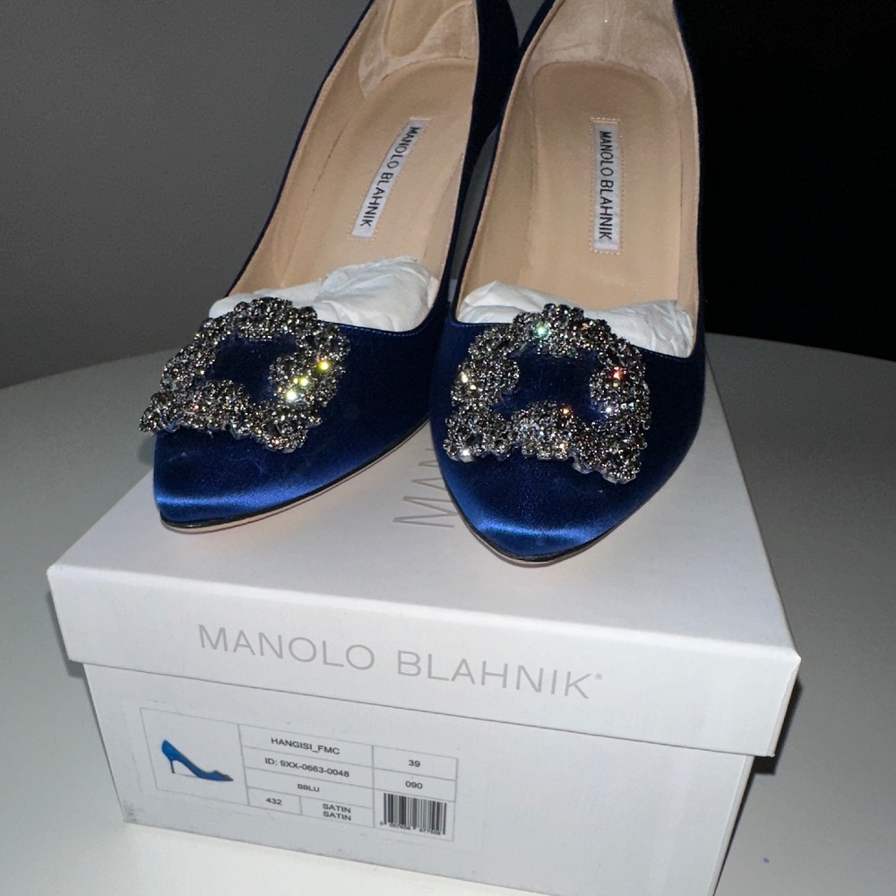 Manolo Blahnik - HANGISI Blue Satin Jewel Buckle Pumps